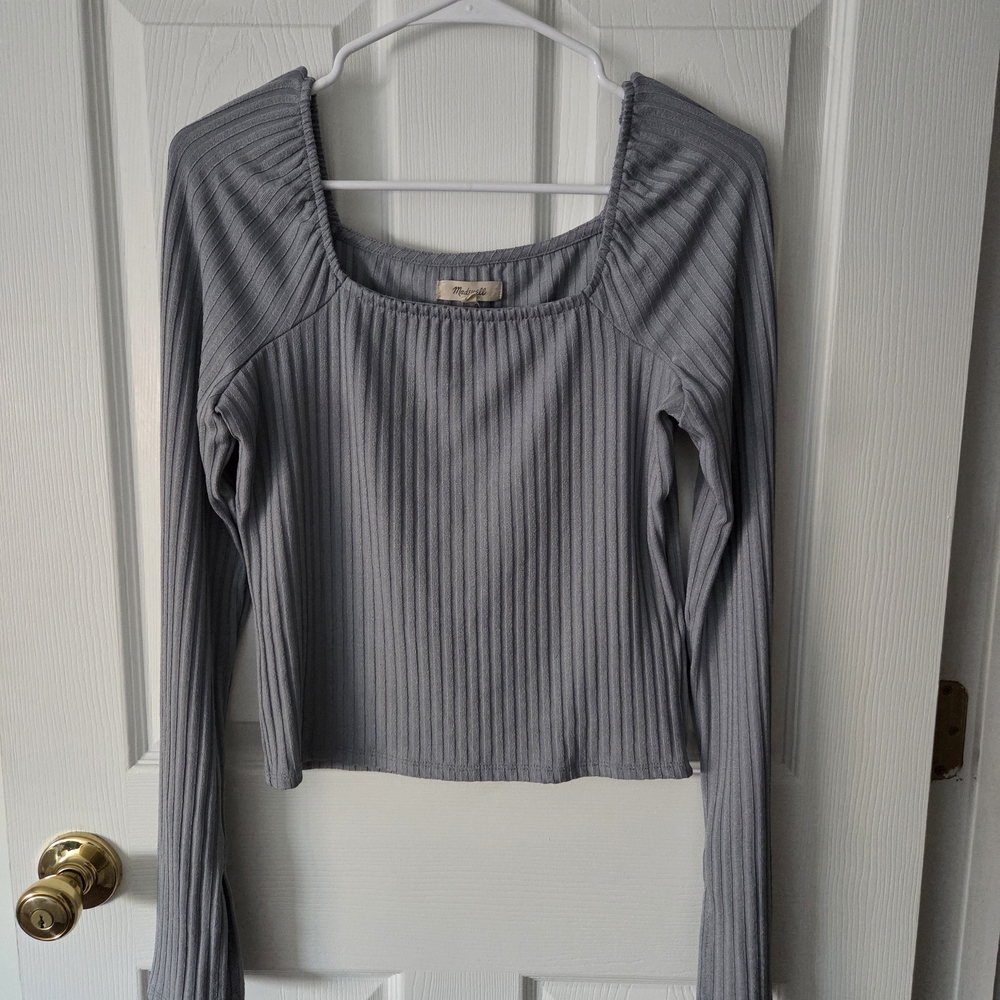 Blue Grey Ribbed Long Sleeve Top
